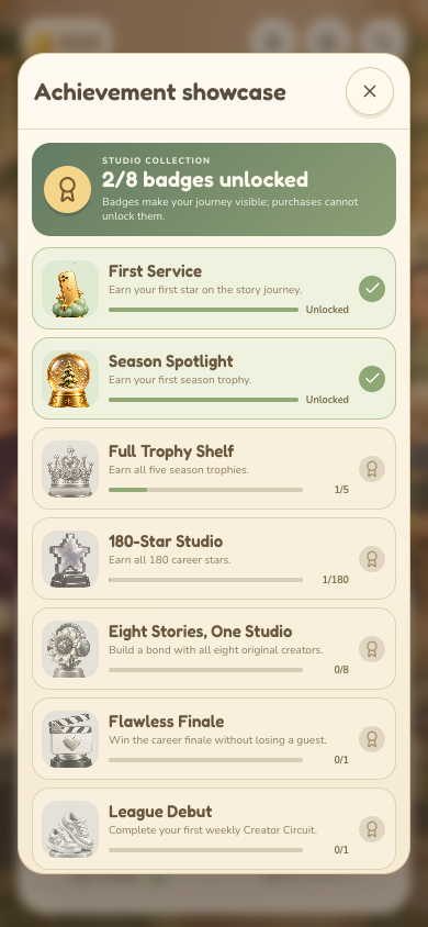 The Clout Dash achievement showcase with eight illustrated achievement cards.