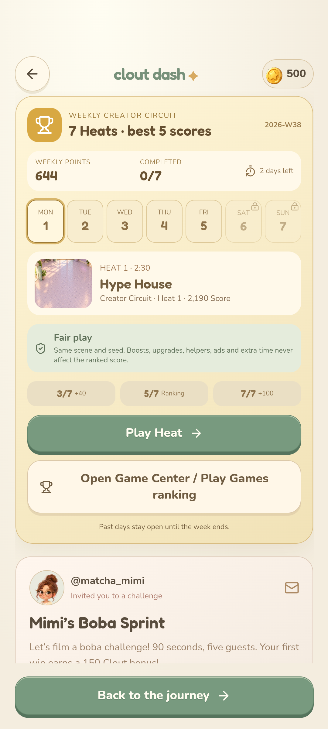 Creator Circuit showing seven Heats, best-five scoring, milestones and the weekly leaderboard action.